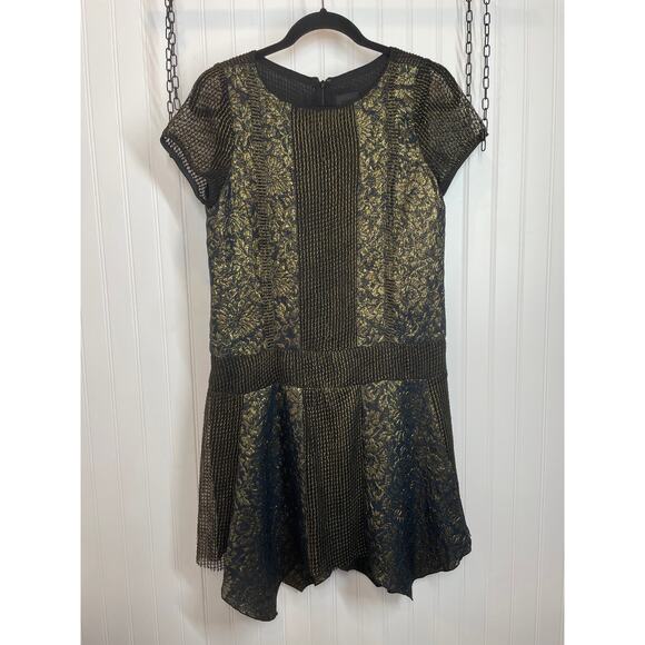 Anna Sui Nevan Dress Black & Yellow Floral Brocade Asymmetrical Mini Size 2 - Picture 2 of 8